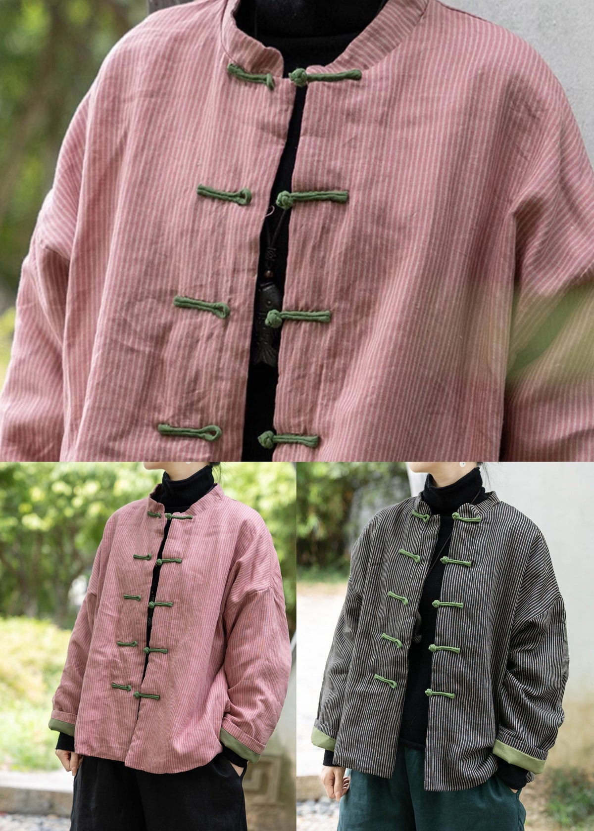 Black Fine Cotton Filled Coat Stand Collar Chinese Button Spring Tj004