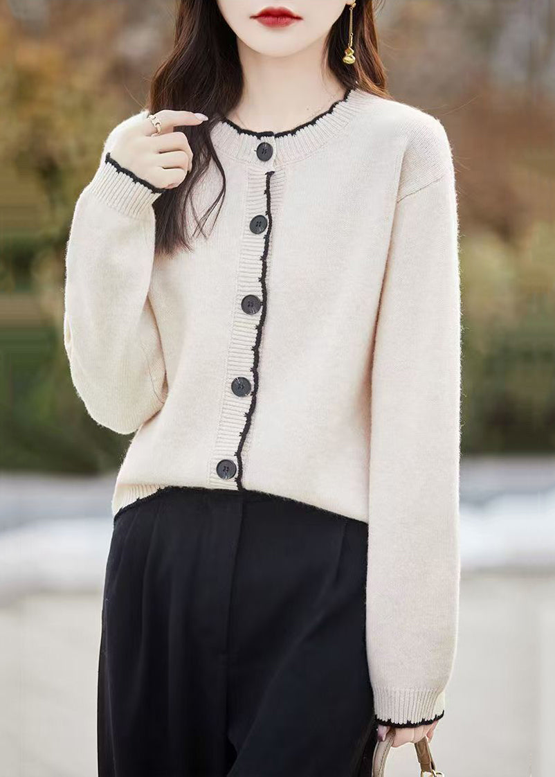 Classy Beige O Neck Button Wool Knit Cardigans Fall Qx025