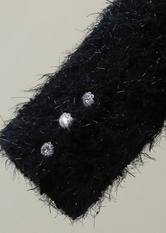 Classy Black O-neck Pockets Patchwork Nail Bead Coats Winter