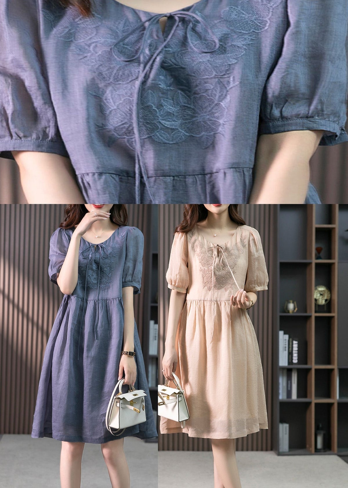 Classy Pink O-neck Embroideried Linen Maxi Dresses Summer Ly1753