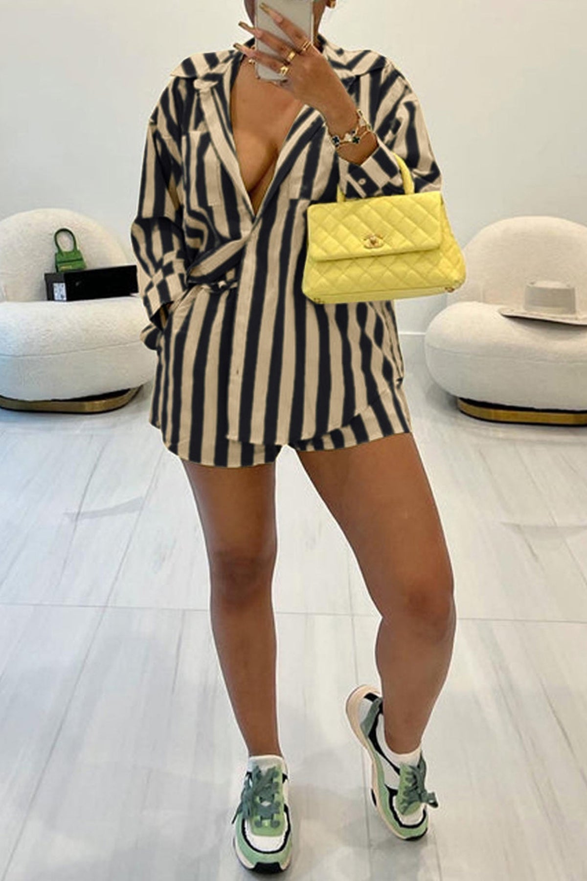 Contrast Striped Blouse Two-piece Shorts Set