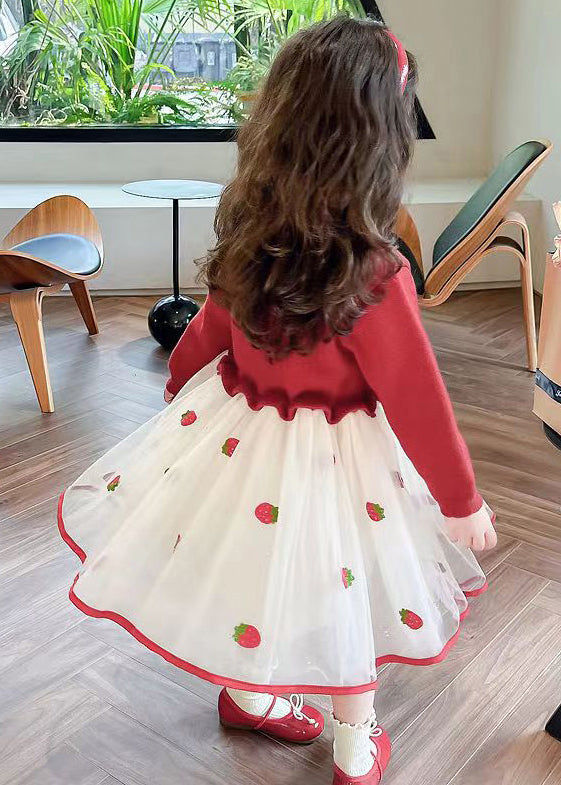 Red Ruffled Tulle Patchwork Knit Long Dress Fall Xz050