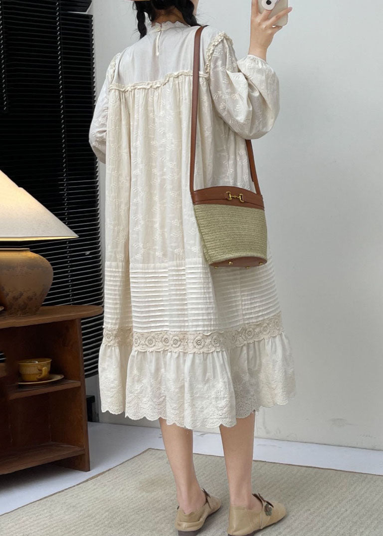 White Embroidered Ruffled Patchwork Wrinkled Cotton Maxi Dress Long Slee Bv030