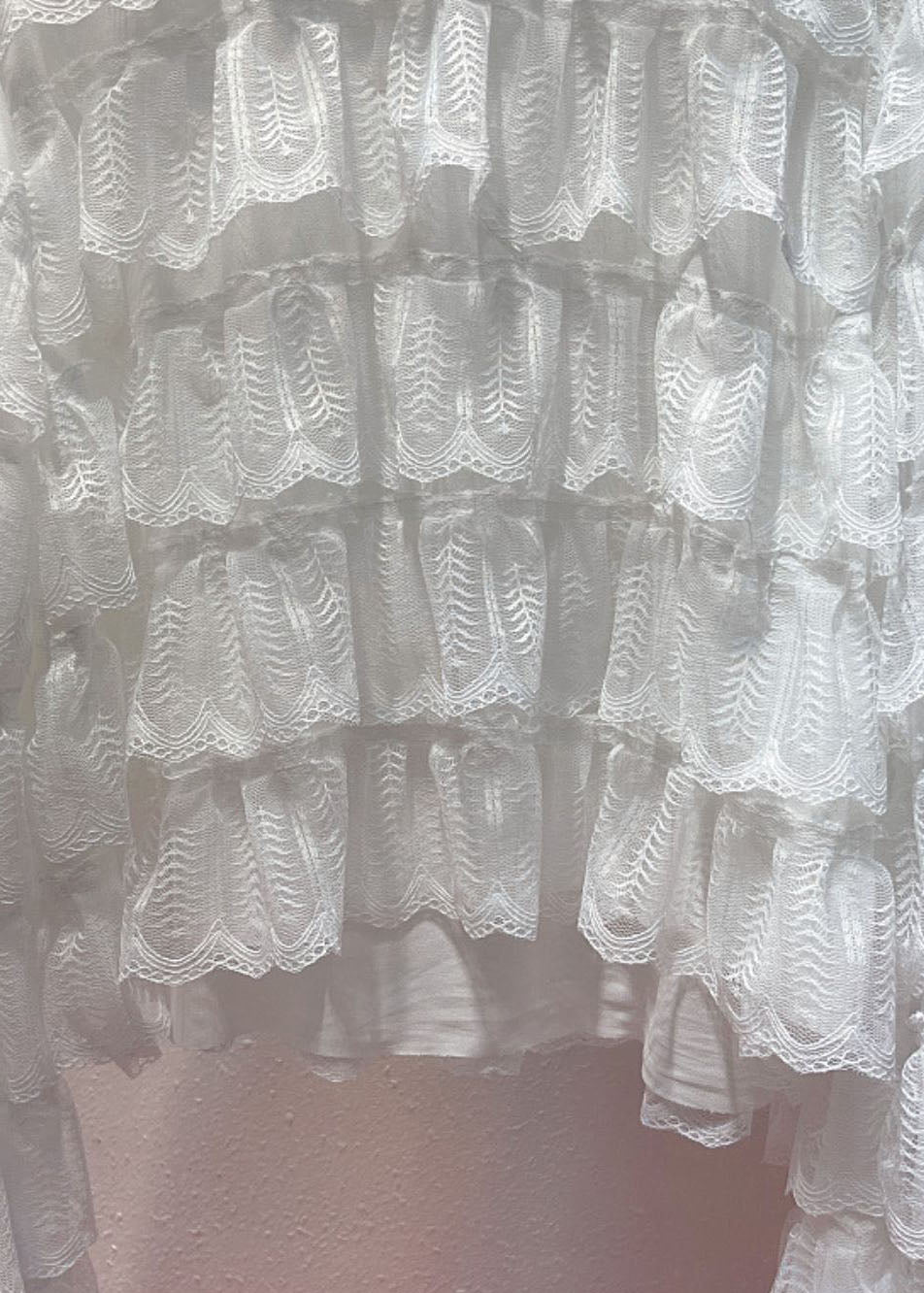 White O Neck Ruffled Layered Patchwork Lace Blouses Long Sleeve