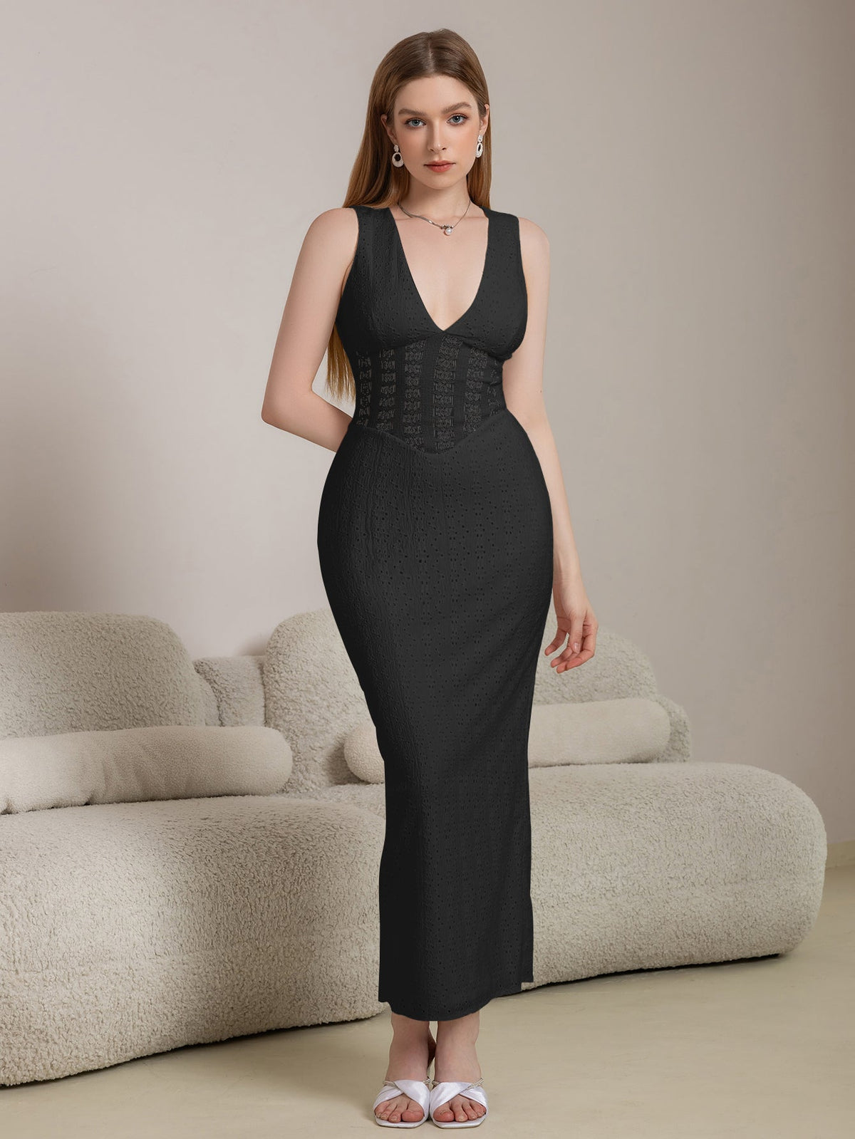 Deep V-neck Split Thigh Jacquard Lace Dress