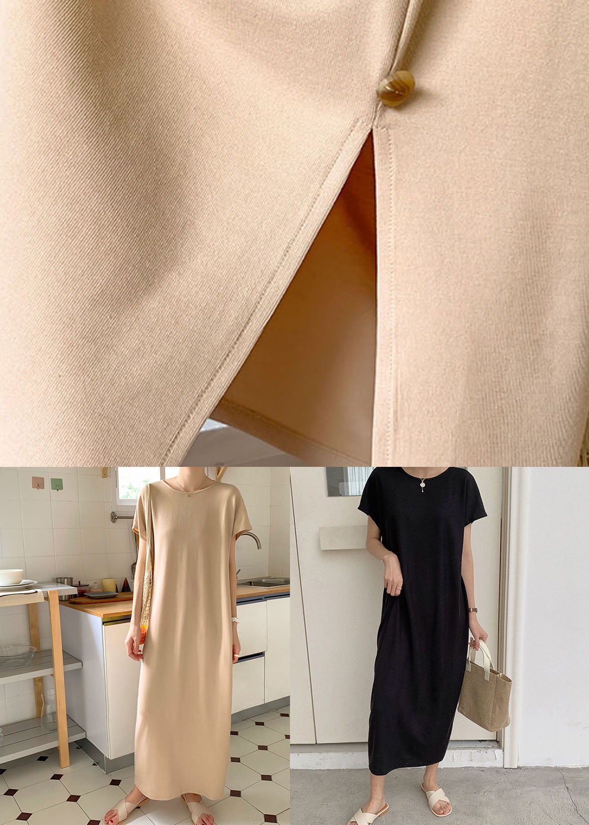 Black Button Patchwork Knit Maxi Dresses O Neck Summer Ly1333
