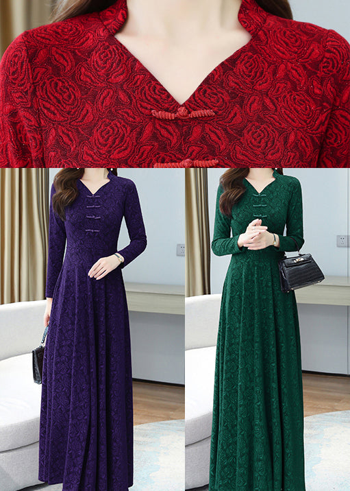 Green Print Chinese Button Cotton Long Dresses Oo027