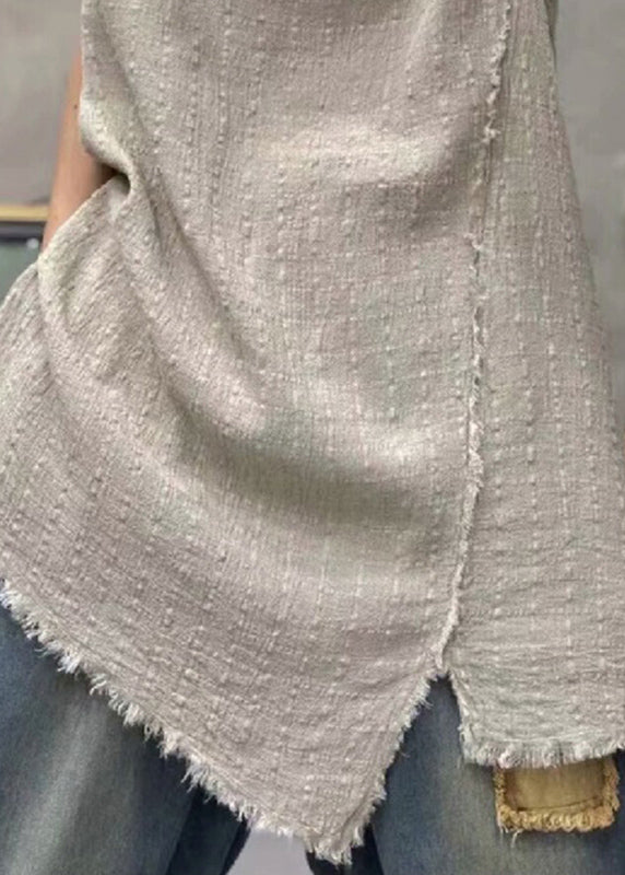 Light Khaki Asymmetrical Linen Waistcoat Sleeveless Vb1079