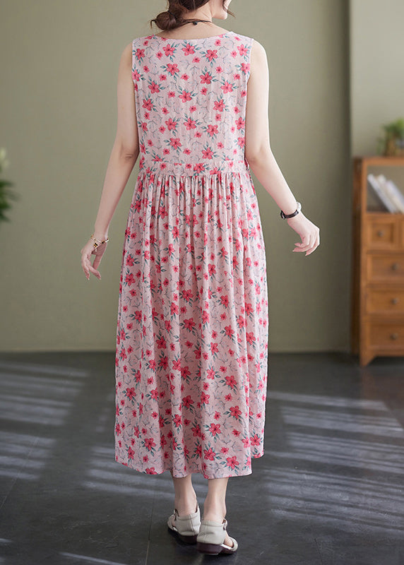 Pink Lace Up Wrinkled Print Cotton Long Dress Sleeveless Jh036