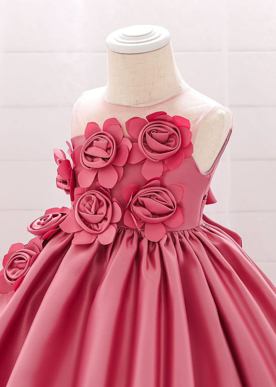 Pink O-neck Patchwork Kids Long Dress Sleeveless Ys013