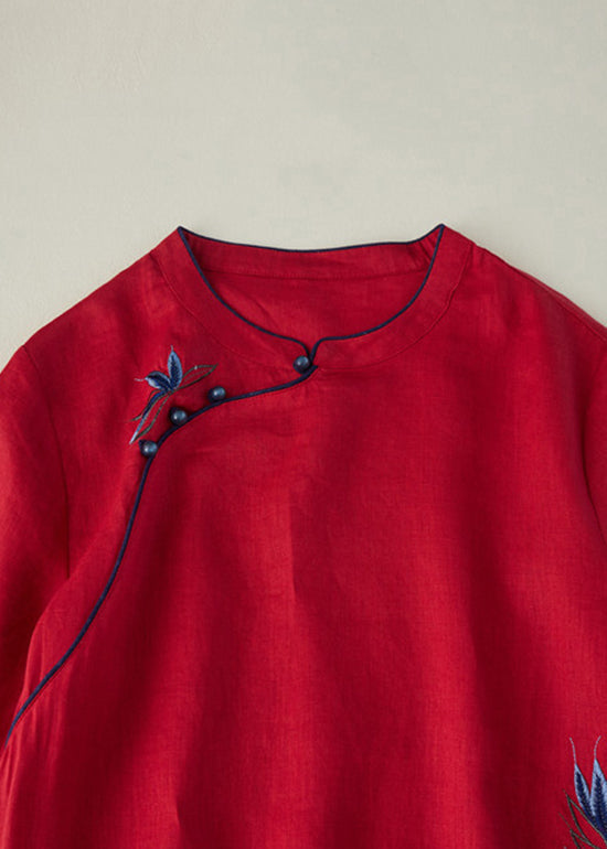 Red Embroidered Side Open Long Dress Short Sleeve Vv062