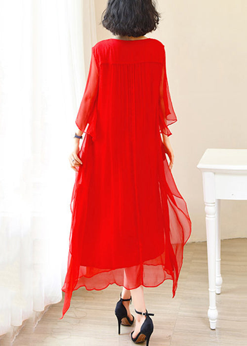 Red O-neck Ice Silk Long Dress Flare Sleeve Op1009