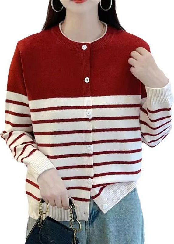 Red Striped Button Knit Cardigan Fall Qg005