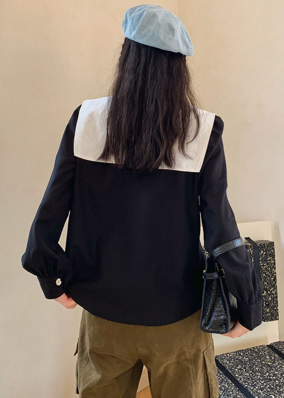 Black Patchwork Decorated Cotton Blouses Spring Ly0772