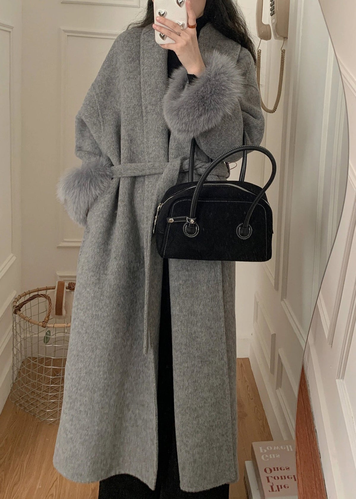 Grey Fox Fur Patchwork Woolen Duster Coat Winter Rs043
