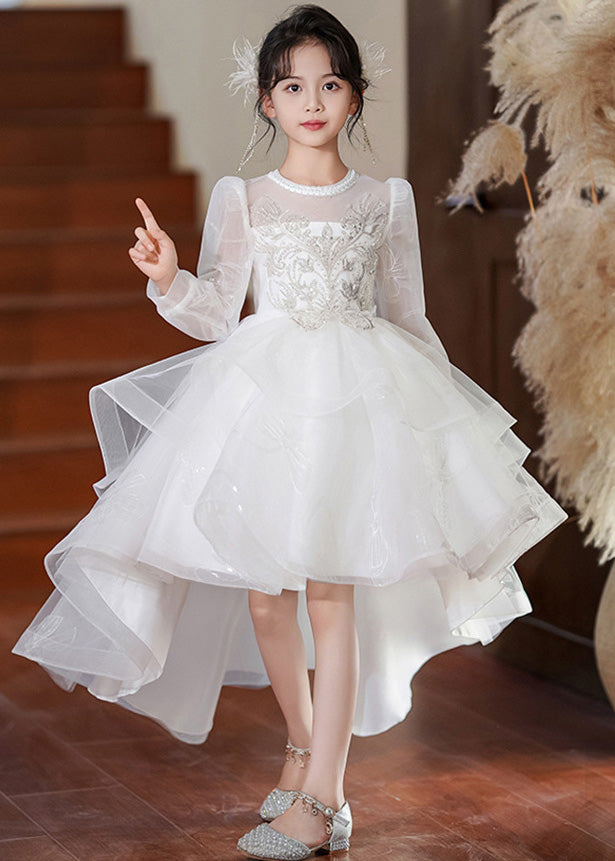 White O-neck Low High Design Tulle Maxi Dresses Spring Ye003