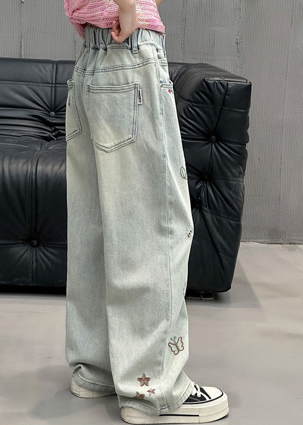 Fine Denim Blue Print Elastic Waist Straight Pants Spring Tv002