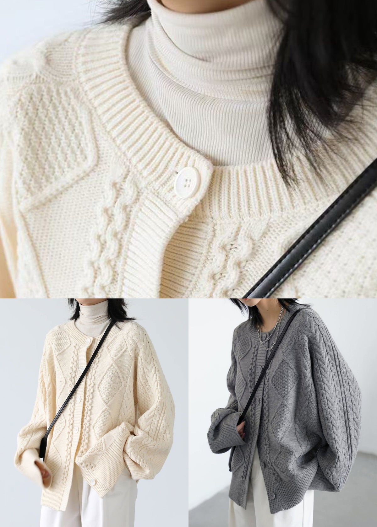 French Beige O Neck Button Cable Knit Coats Spring Yw019