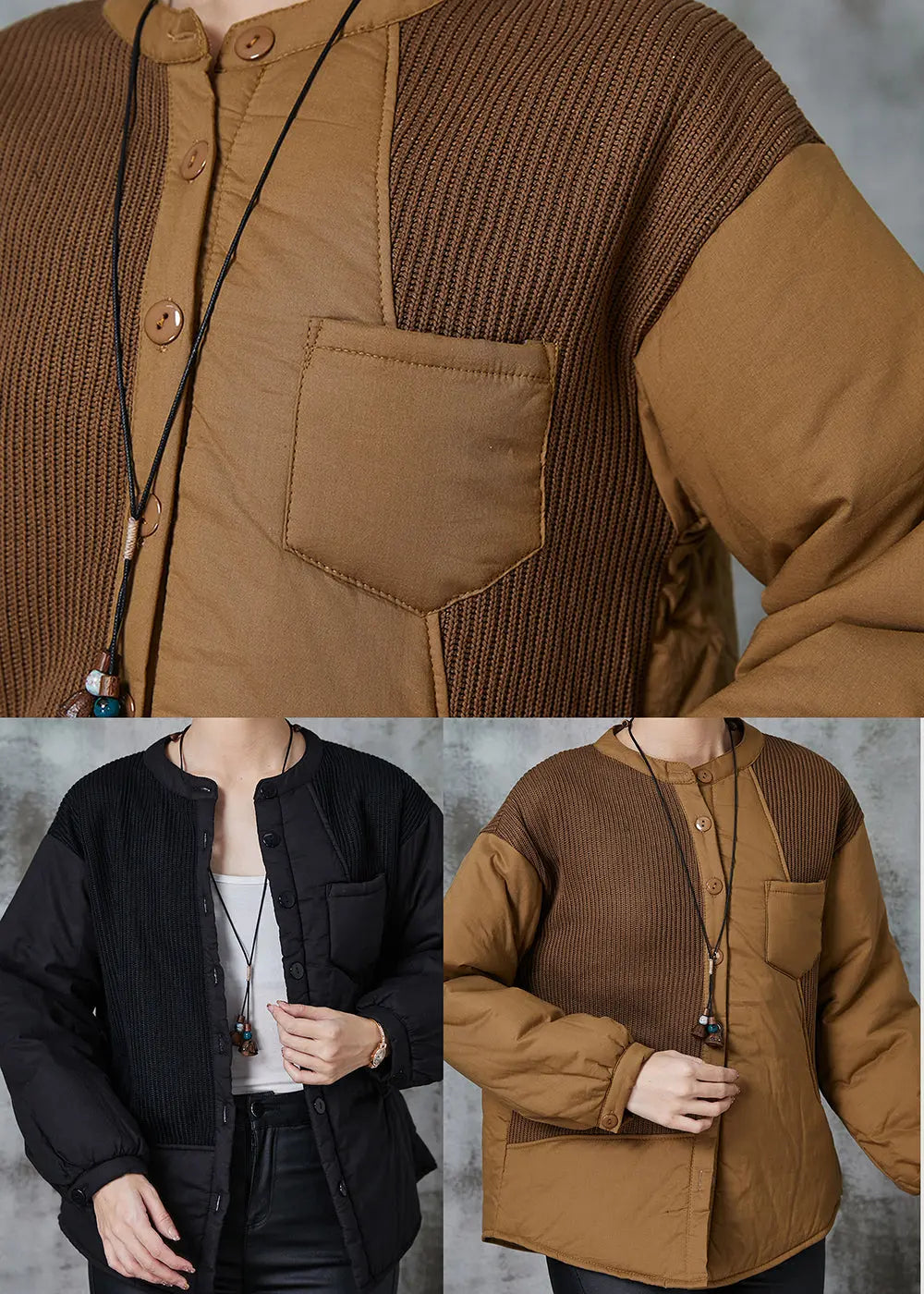 Khaki Patchwork Thick Fine Cotton Filled Witner Coats Jk1023