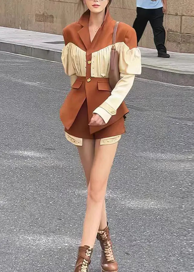 French Coffee Wrinkled Patchwork Coat and Shorts Two Pieces Spring Ha1013