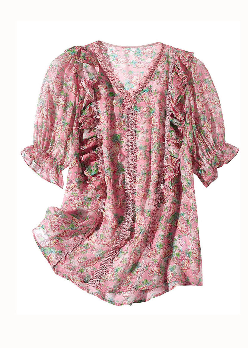 French Pink V Neck Lace Patchwork Print Silk Blouse Top Summer Ly0140