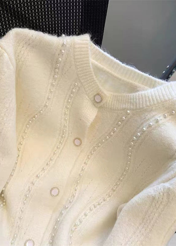 French White O Neck Nail Bead Woolen Sweaters Coat Fall Ql054