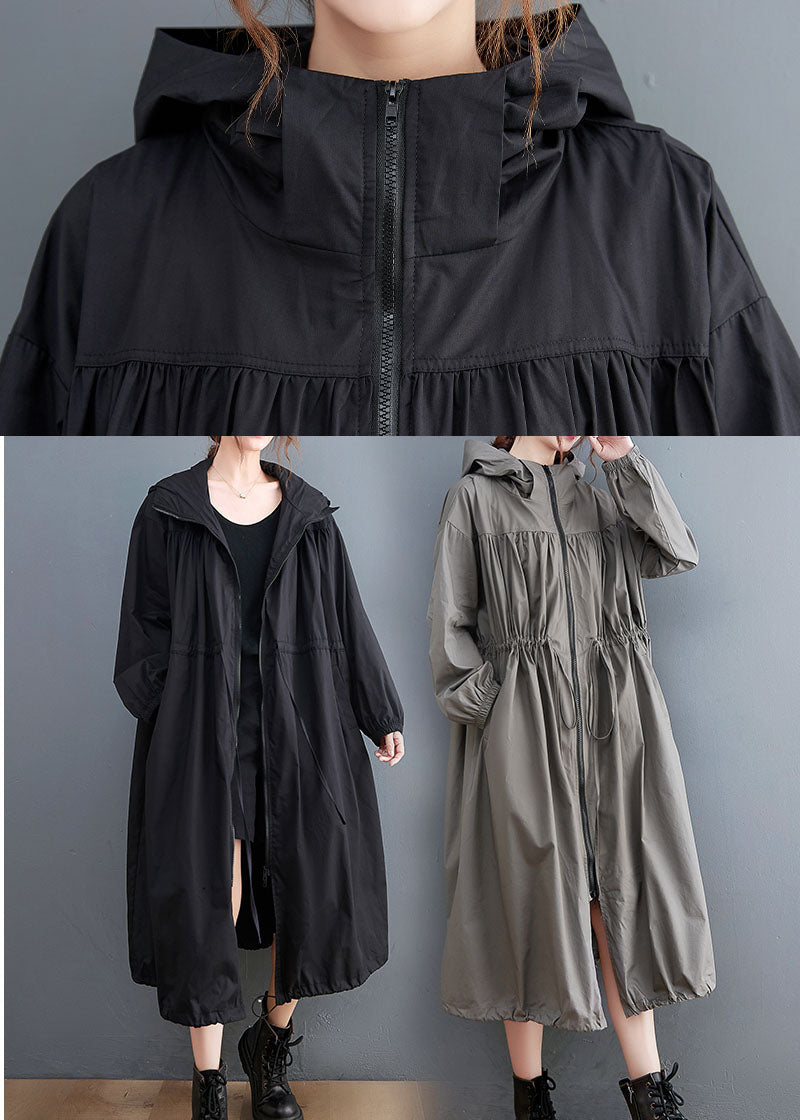 Black Hooded Drawstring Cotton Trench Coat Spring Ac2003