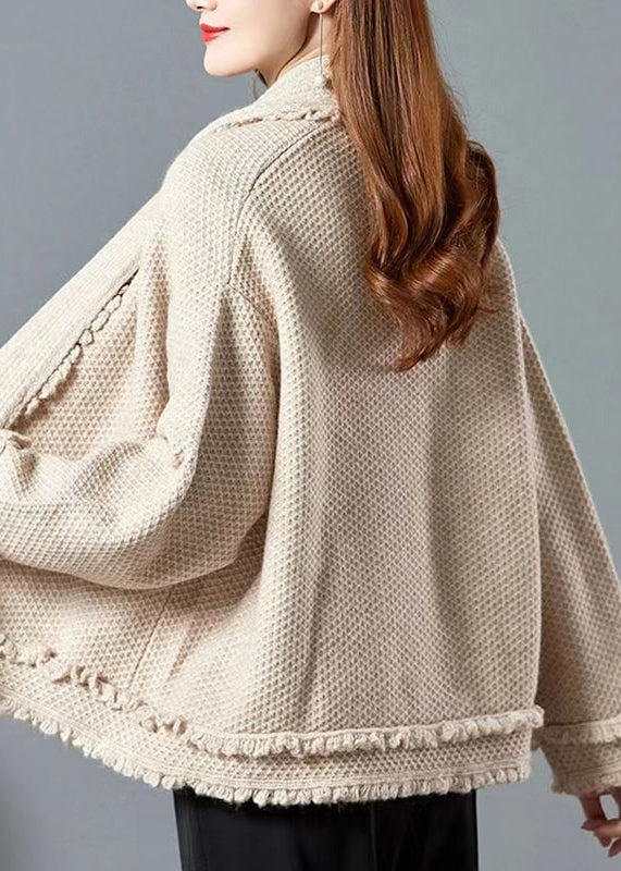 Italian Camel V Neck Ruffled Patchwork Knit Cardigans Fall Wn028