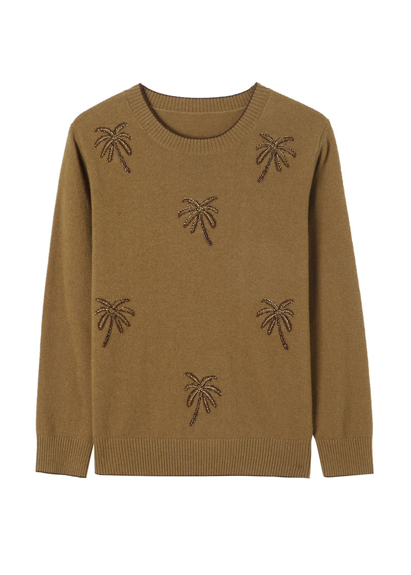 Italian Yellow O Neck Jacquard Zircon Wool Sweaters Winter Rl029