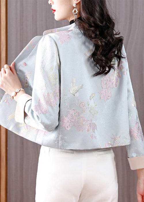 Jacquard Light Blue Stand Collar Button Cotton Coats Fall Qo005