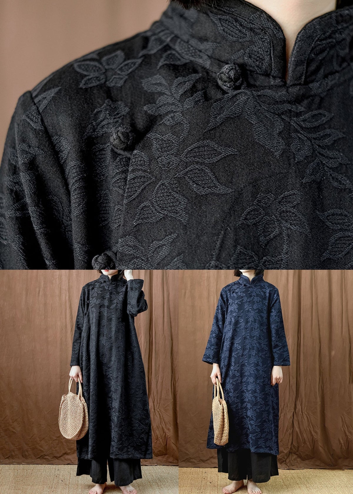 Black Pockets Cotton Long Dresses Stand Collar Fall Mn064