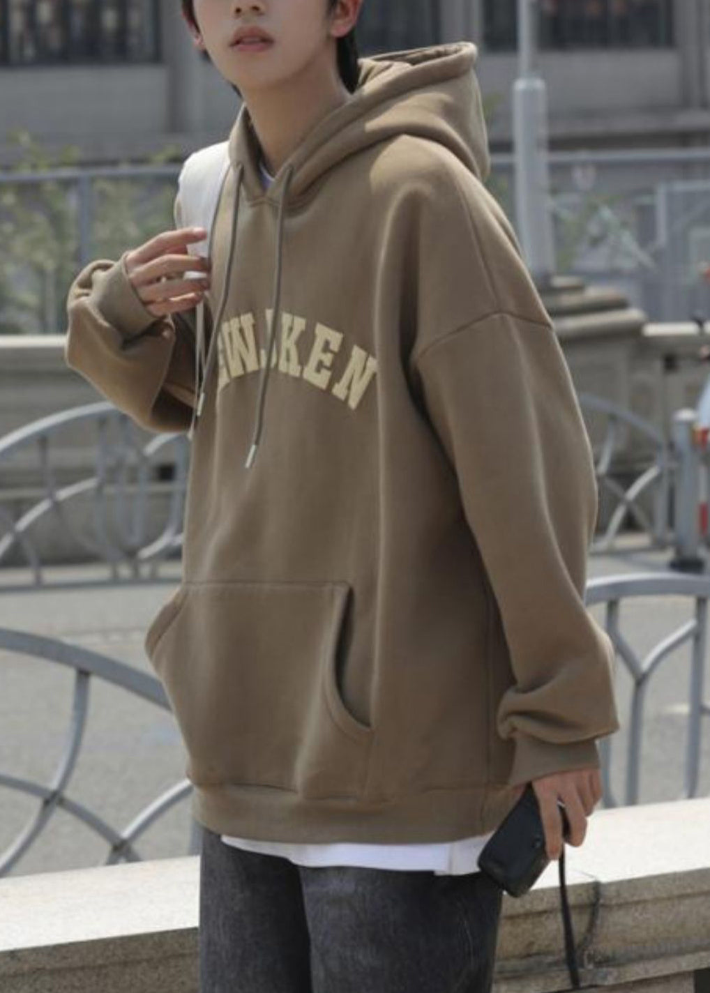 Khaki Letter Pockets Cotton Sweatshirts Hooded Spring Yq032