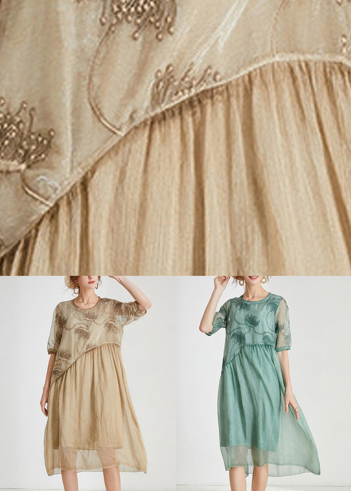 Khaki Patchwork Chiffon Long Dresses O Neck Short Sleeve Ab1027