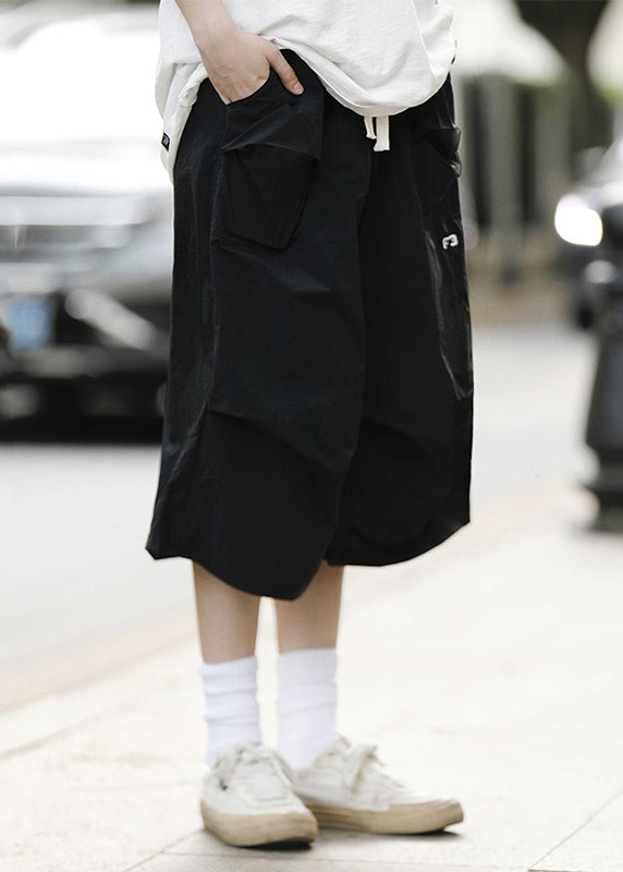 Loose Black Drawstring Pockets Patchwork Crop Pants Summer Yt014