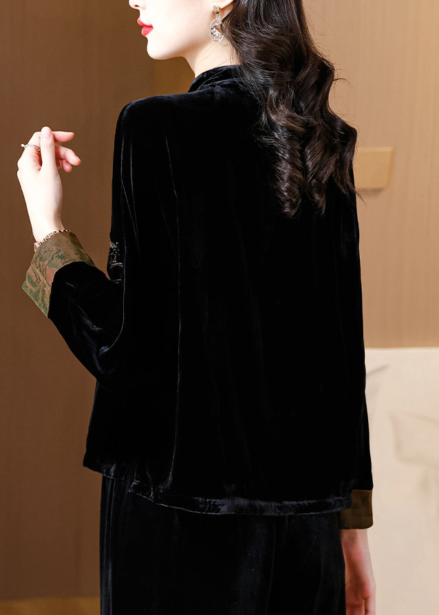 Loose Black Embroidered Button Silk Velour Coat Fall Qo078