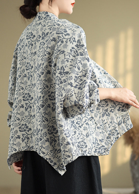Loose Blue Stand Collar Print Button Cotton Coat Fall Qg045