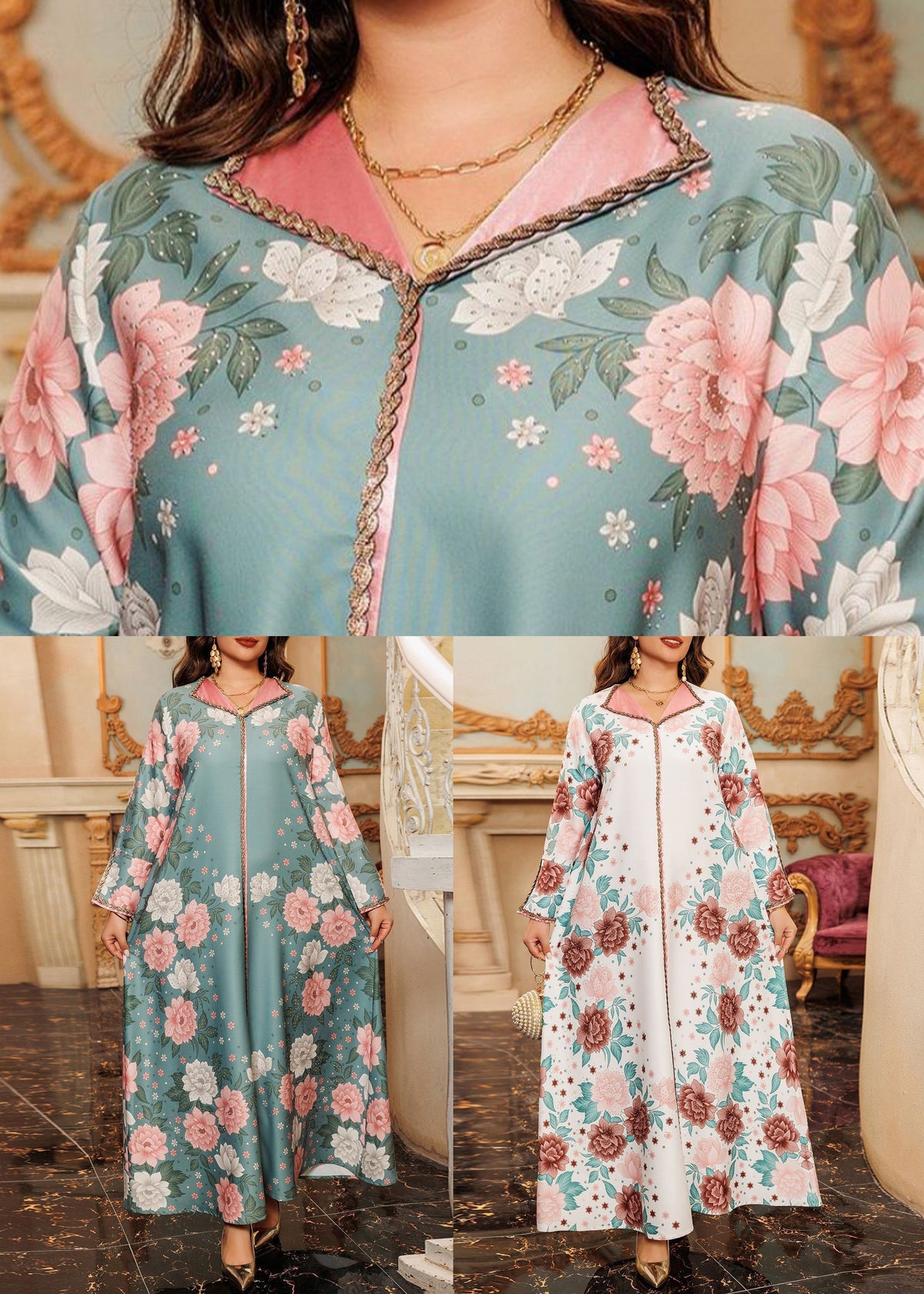 Loose Green Print Zircon Maxi Dresses Fall Ql011