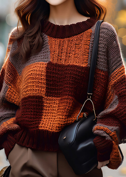 Loose Plaid O Neck Cozy Patchwork Knit Sweater Winter Wx022