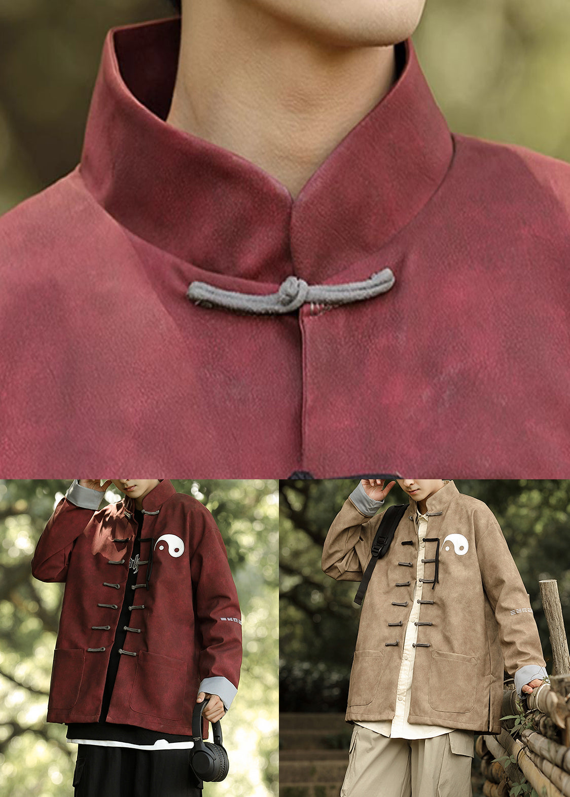Loose Red Chinese Button Pockets Faux Leather Coats Winter Ro033