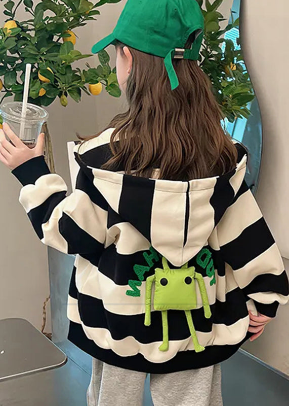 Black White Striped Pockets Hoodies Coats Fall Qv047