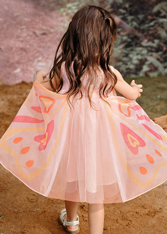 Pink Wrinkled Patchwork Butterfly Tulle Holiday Long Dress Spring Tv023