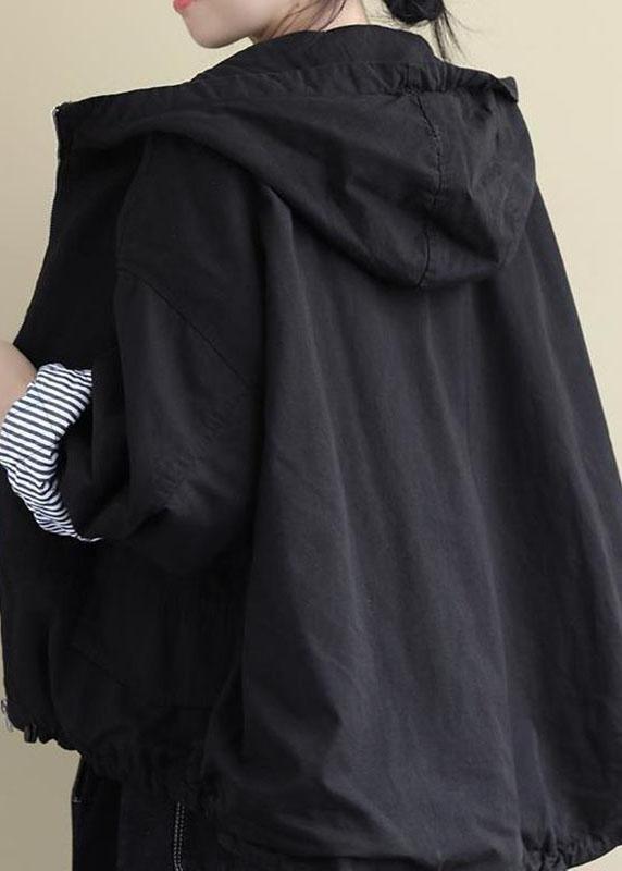 Black Hooded Zippered Winter Cotton Long Sleeve Coat Qs044