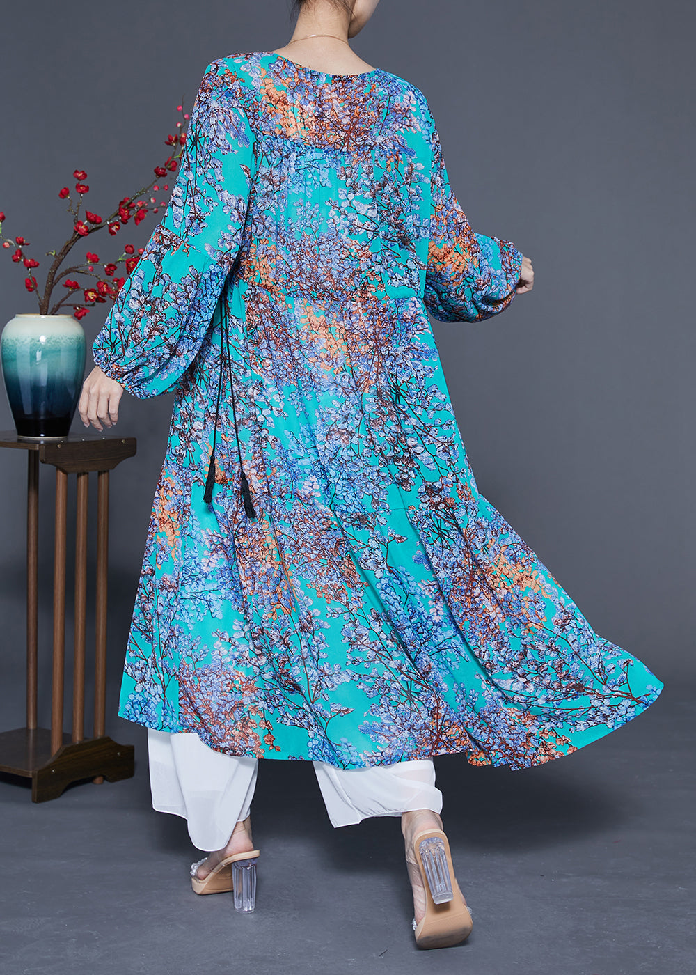 Modern Blue V Neck Patchwork Exra Large Hem Chiffon Long Dresses Spring Lc0430