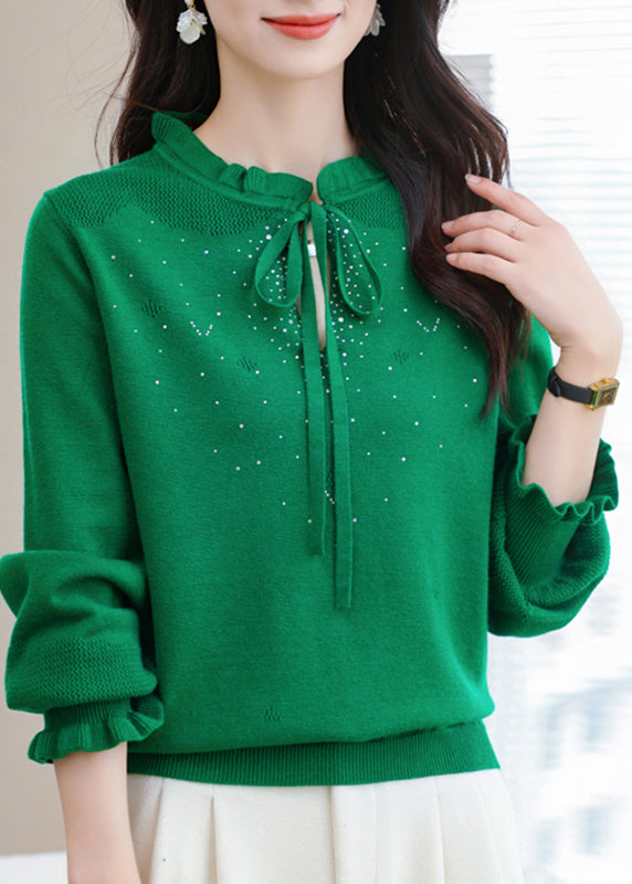 Natural Coffee Ruffled Tie Lace Thick Cotton Knit Sweater Puff Sleeve Te030