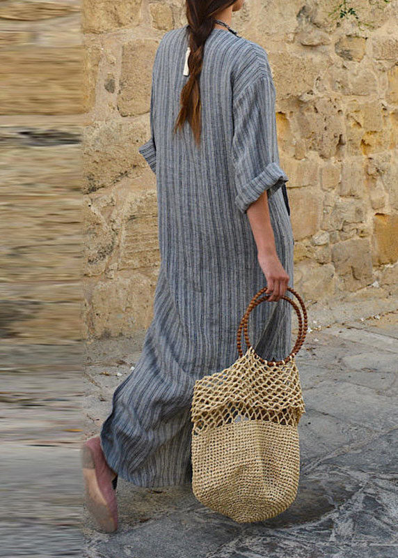 Natural Grey O-neck Striped Patchwork Long Dresses Spring Vb1089