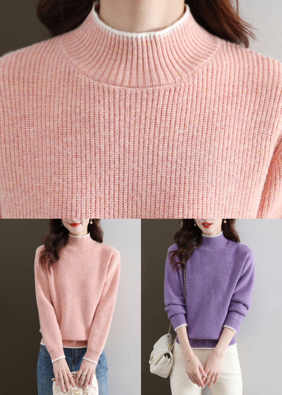 Pink Cozy Thick Knit Fall Sweater Turtleneck Qs032