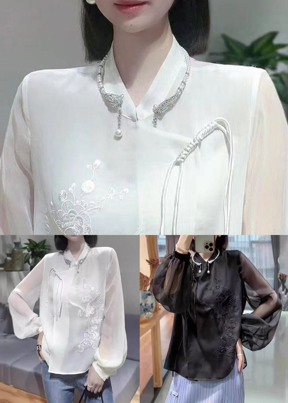 Black Button Chiffon Blouses Stand Collar Lantern Sleeve Qa1049