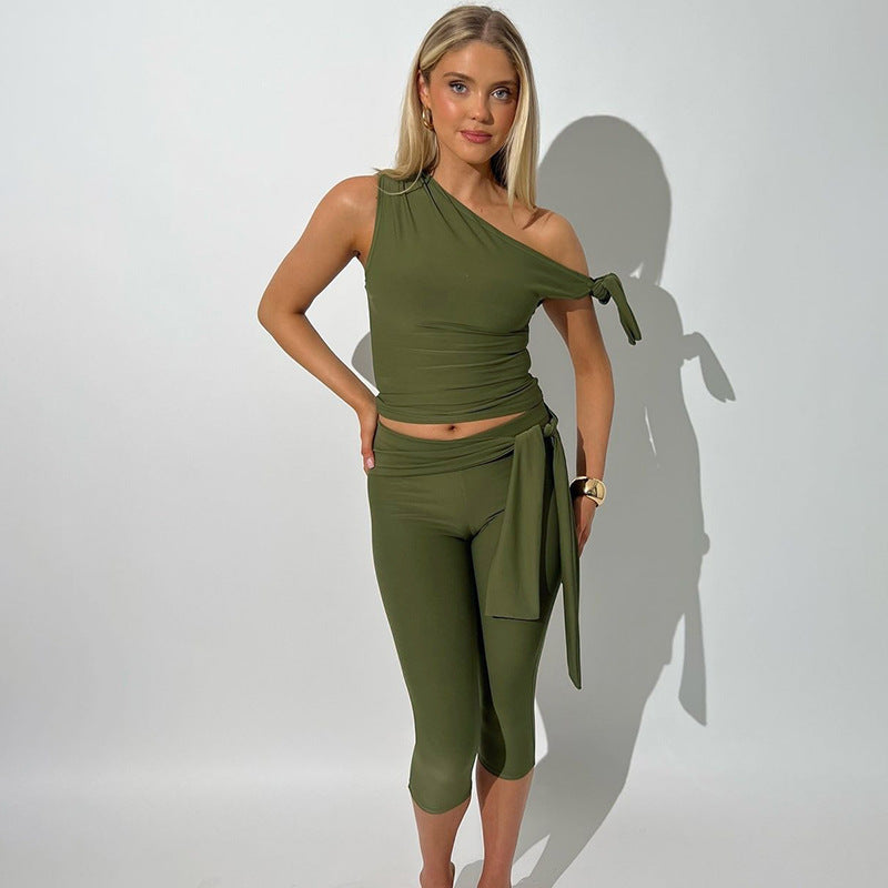 Clothing Summer Street Shooting Diagonal Collar Sleeveless Top Slim Fit Tied Shorts Suit