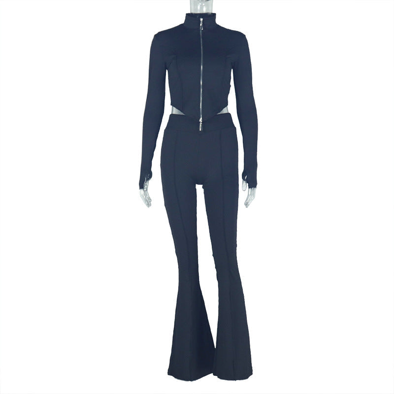 Slim Fit Pleated Zipper Color Cropped Blouse Pants Long Sleeve Stand Collar Loose Trousers Two Piece Set