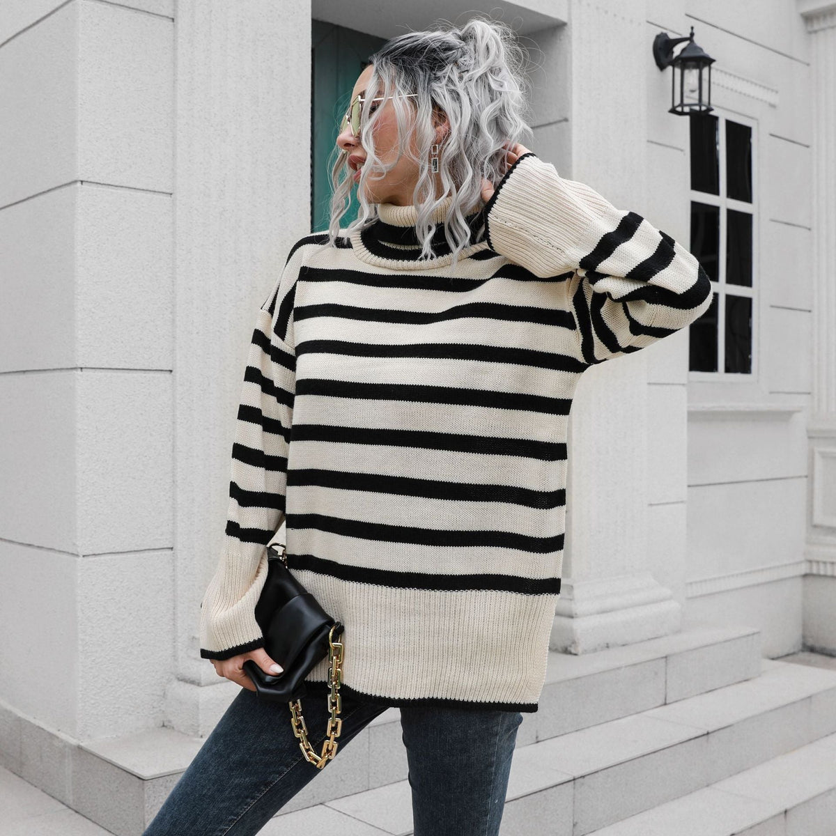 Popular Striped Bottom Slit High Collar Mid Length Loose Fall Winter Sweater